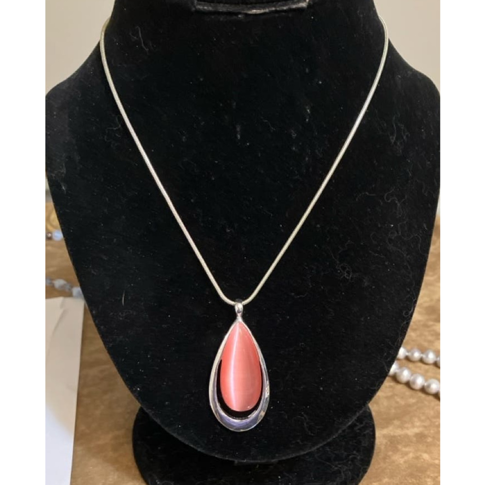 Cat's Eye Glass & Silver Tone Teardrop Pink Pendant  Necklace